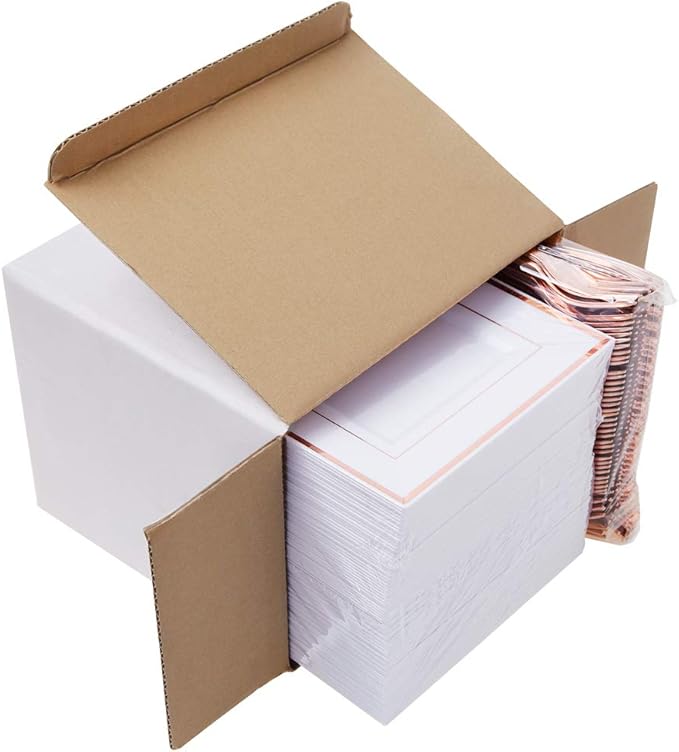 WDF 86pcs Rose Gold Dessert Plates 6" with 86 Pieces Disposable Forks 5", Elegant Square Appetizer Small Plastic Plates for Mother's Day, Wedding