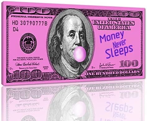 Yatsen Bridge Money Never Sleeps Wall Art Inspiraional Pink Dollar Money Artwork Pop Art Wooden Framed Ready to Hang-32 inch x 16 inch