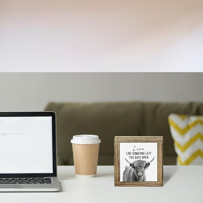 Vintage Decor, Funny Cows Wood Sign, Rustic Farmhouse Home, Decorative Signs - Live Like Someone Left The Gate Open, Tabletop Decor and Gift for Cow Lovers 5.9×5.9×0.7inch