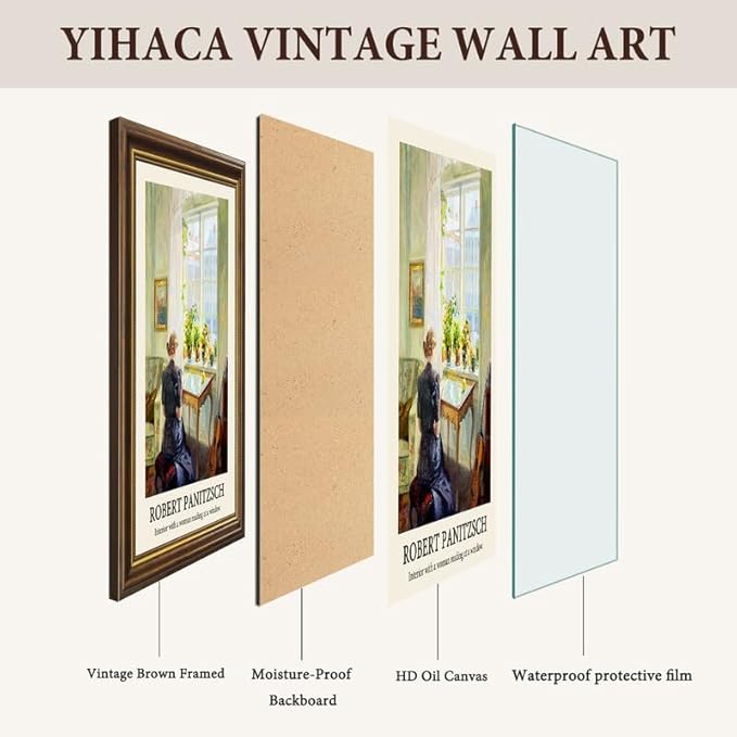 Yihaca Vintage Women Wall Art, a Woman Reading at a Window Paintings Decor Aesthetic,Vintage Brown Framed Canvas Print Artwork, Retro Portrait Wall Pictures for Bedroom Living Room,12x16inch