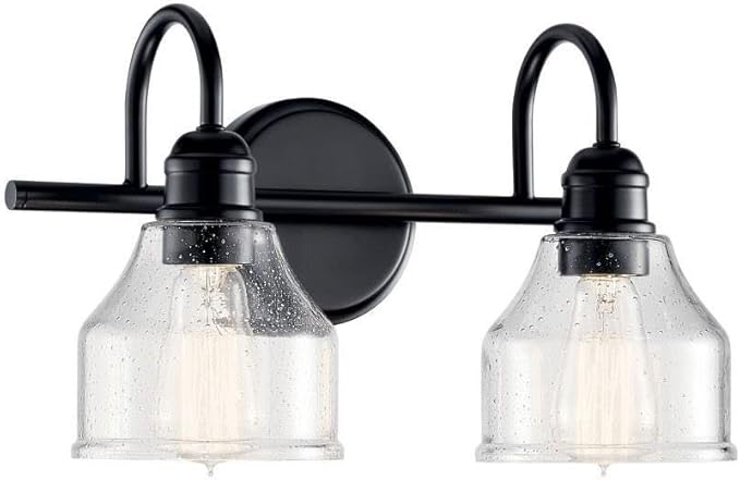 KICHLER Avery 15" Bathroom Vanity Industrial 2 Light Wall Fixture with Clear Seeded Glass in Black, for Bathroom (8.25" x 15" x 9.5") 45972BK