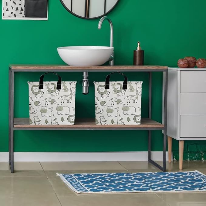 CLOCOR Rectangular Large Storage Basket,Collapsible Cute Pattern Storage Bin,Waterproof Storage Box with Handles,Gift Basket Empty,Room Decor(Green Animals)