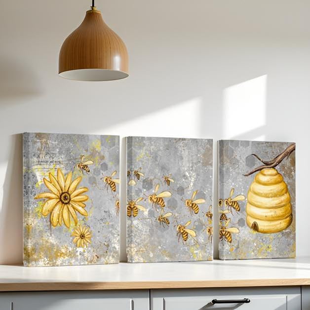 FuShvre Yellow and Grey Canvas Wall Art Honey Bee with Daisy Painting Prints Insect Pictures for Farmhouse Kitchen Decor Framed Ready to Hang 12"x16" Each (Small) (Small, Grey)