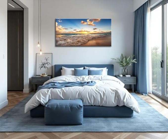 Large Beach Wall Art for Living Room Coastal Canvas Painting Decor - Sunrise Ocean Picture Nature Seascape Artwork Poster Print for Office Bedroom Decoration 24"x48"