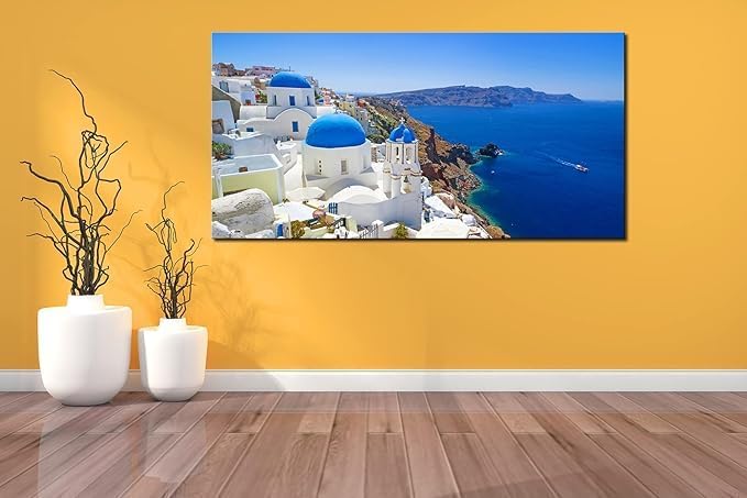 OKEXCKK Large Canvas Print Wall Art Santorini in Greece Painting Wall Decor, Blue Coastal Landscape Artwork Seascape Pictures for Living Room, Bedroom, Office Decoration - 20"x40"