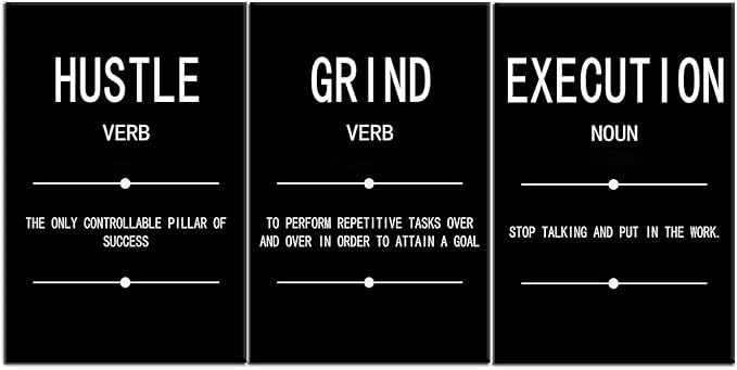 Motivational Wall Art Grind Hustle Execution Noun Poster Inspirational Quotes Painting 3 Pieces Canvas Print Office Decor Inspiring Framed for Wall Art Decoration Ready to Hang [72''Wx 36''H]