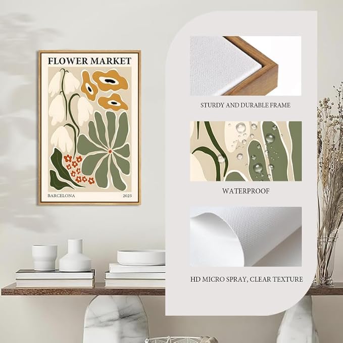 Gufro Flower Market Framed Canvas Wall Art，Green Fresh Boho Floral Wall Decor，Abstract Colorful Botanical Painting-12x16in