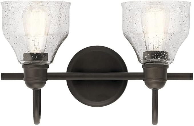 KICHLER Avery 15" Bathroom Vanity Industrial 2 Light Wall Fixture with Clear Seeded Glass in Black, for Bathroom (8.25" x 15" x 9.5") 45972BK