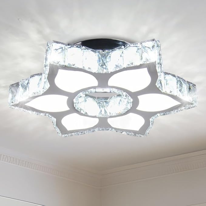 FRIXCHUR 16.1" Crystal Chandeliers Crystal Ceiling Light Fixtures LED Flush Mount Light Flower Modern Chandelier Light Ceiling Lamp for Living Room Bedrooms Dining Room（White）