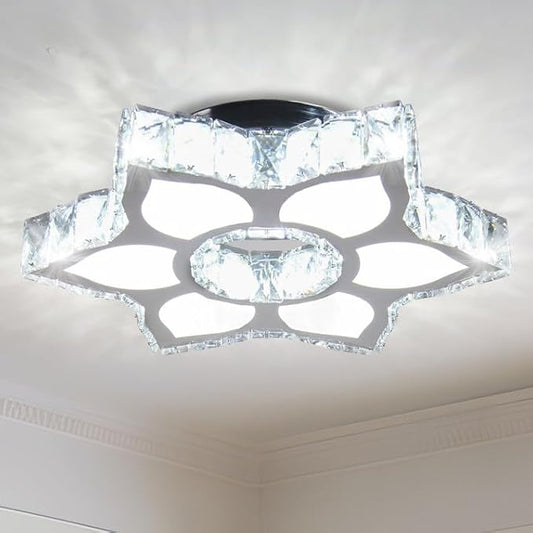FRIXCHUR 16.1" Crystal Chandeliers Crystal Ceiling Light Fixtures LED Flush Mount Light Flower Modern Chandelier Light Ceiling Lamp for Living Room Bedrooms Dining Room（White）