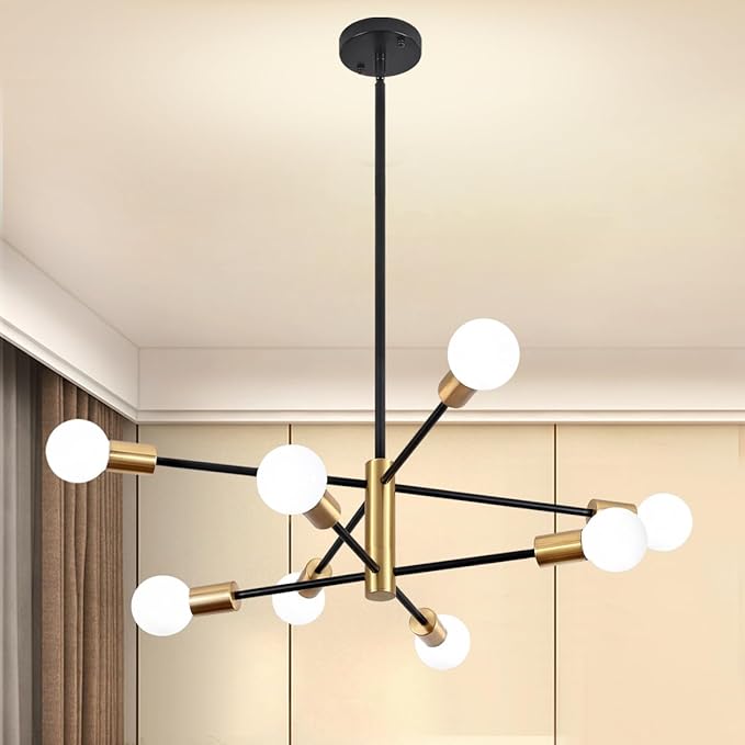 8-Light Modern Chandelier Sputnik Light, Entryway Chandelier Dining Room Lights Over Table, Black and Gold Foyer Lighting Chandeliers for Bedroom Living Room Light