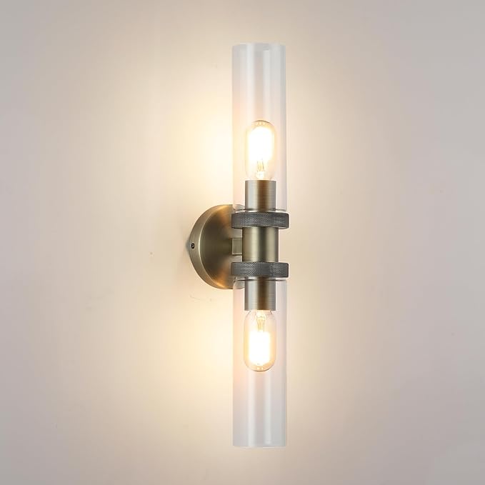 2 Light Bathroom Vanity Light Brushed Bronze, Bathroom Light Fixtures Side Mirror,Hallway Vanity Lights Fixtures, Modern Wall Lamp for Bedroom with Glass Shade