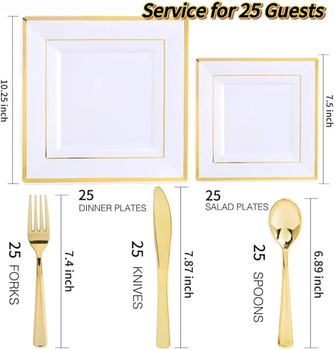 WDF 125pcs Gold Plastic Plates Set - Gold Rimmed Dinner & Salad Plates, Silverware (25 Forks, Knives, Spoons) for Thanksgiving
