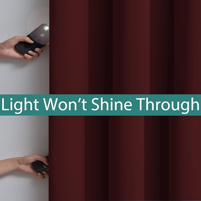 Yakamok 63 Inch Length 100% Blackout Curtains for Bedroom, 2 Thick Layers Thermal Insulated Grommet Total Blackout Drapes with Black Liner for Living Room (42Wx63L,Burgundy Red, 2 Panels)