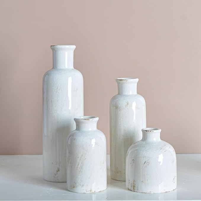 White Ceramic Vase Set, 10 Inch Farmhouse Decor Vase, Home Decorative Vases for Home Decor, Kitchen, Bedroom, Office, Living Room, Bathroom, Ideal Housewarming Gift(Old White)
