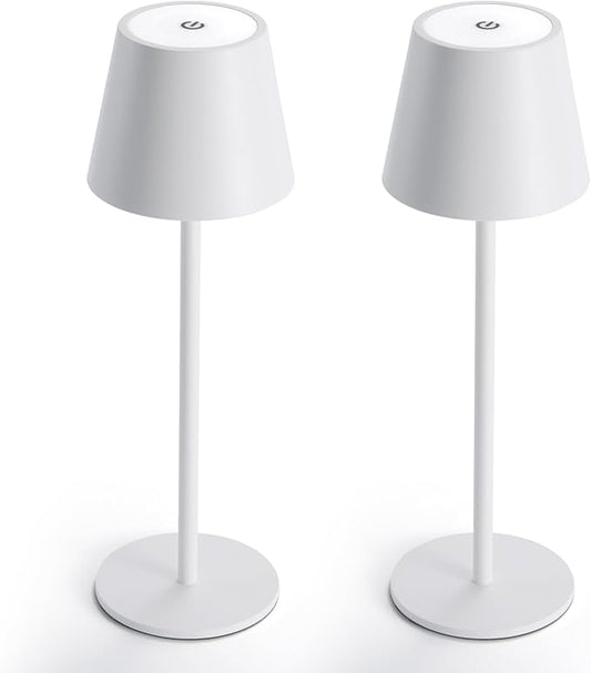 Maksone 2 Pack LED Cordless Table Lamp, 6600mWh Rechargeable Battery Desk Lamp, 3000K Stepless Dimming Night Light, IP54 Waterproof Metal Outdoor Portable Lamp for Camping, Restaurant (White)