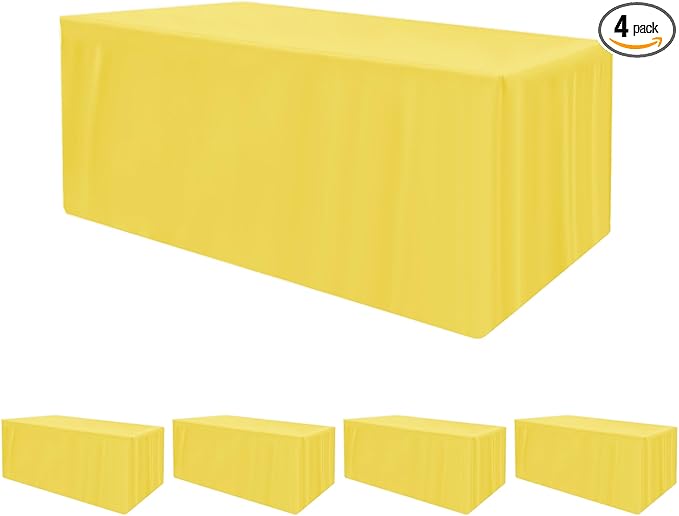 HolidayIdeas Fitted Tablecloths for 8 Foot Rectangle Table, Wrinkle Resistant Washable Table Cover 30x96 Inch for Vendor Booth Display, Banquet, Trade Show, Yellow, 4 Pcs