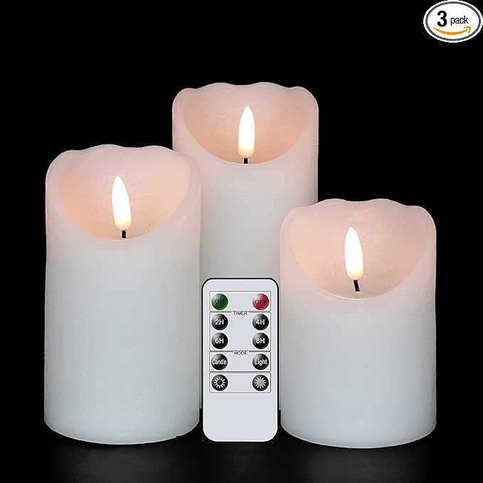 Eldnacele Flameless Flickering Candles with Remote Timer, 3D Wick Real Wax Battery Operated White Pillar Candles with Remote Set of 3 for Home Wedding Party Christmas Decoration (D3” x H4”5”6”)