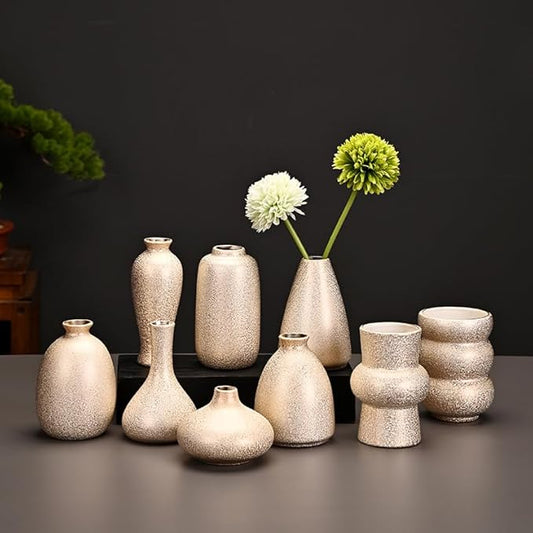 Set of 9 Ceramic Bud Vases for Pampas Grass Flowers, Small Vases in Bulk for Centerpieces Boho Vases for Wedding Decorations Neutral Living Room and Bedroom Decor DIY Gift (Gold)