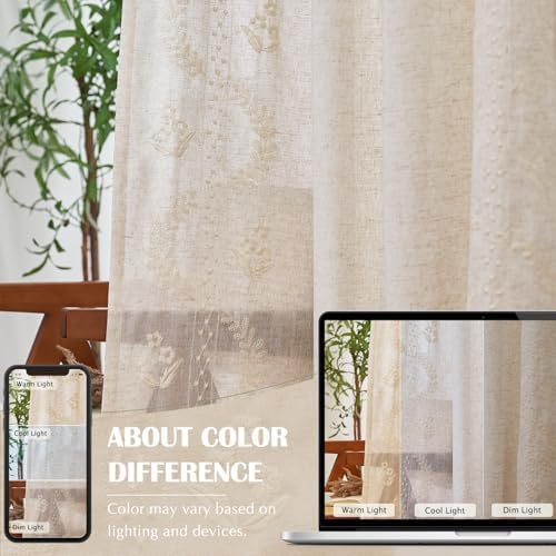 jinchan Belrose Linen Curtains for Bedroom Floral Curtains 108 Inch Length Linen Blend Ivory Embroidered Drapes Farmhouse Flower Patterned Drapes for Living Room Window Treatments Set 2 Panels