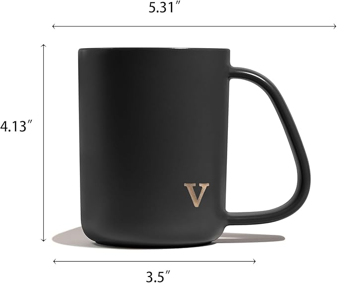 COLLECTIVE HOME - Ergonomic Handle Ceramic Mug, 15 oz Personalized Coffee Cup with Golden Initial, Microwave & Dishwasher Safe, Elegant Monogram Tea Mug in Gift Box for Home & Office (Black-v)