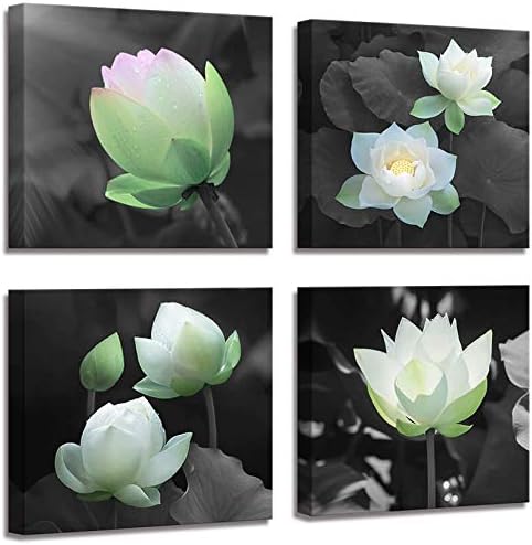 Bathroom decoration, lotus decoration, canvas printing, wall decoration, lotus pictures, colorful flowers, black and white background wall art, plant picture design, living room bedroom frame wall art