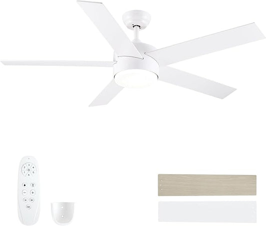 52 inch White Ceiling Fans with Lights and Remote, Reversible 5 Blades Modern Ceiling Fan for Bedroom, Living Room, Dining Room, LED 3 CCT 6-Speed Noiseless, ETL Listed