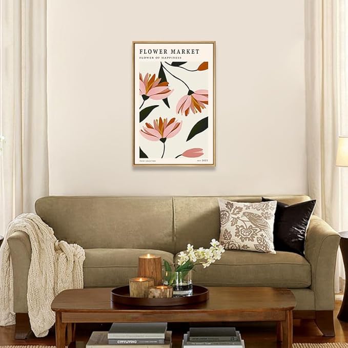 Gufro Framed Flower Market Canvas Wall Art,Flower Abstract Minimalist Wall Art,Danish Pastel Art Print for Living Room Bedroom office Decoration-12''x16''Natural Framed