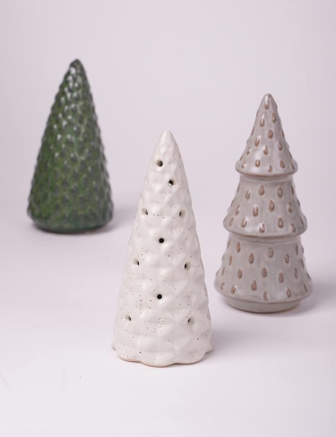 HAUCOZE 3pcs Christmas Figurine Decor Tree Statue Modern Sculpture Home Gifts Table Centerpiece Crafts Ceramic Arts 5.9inch