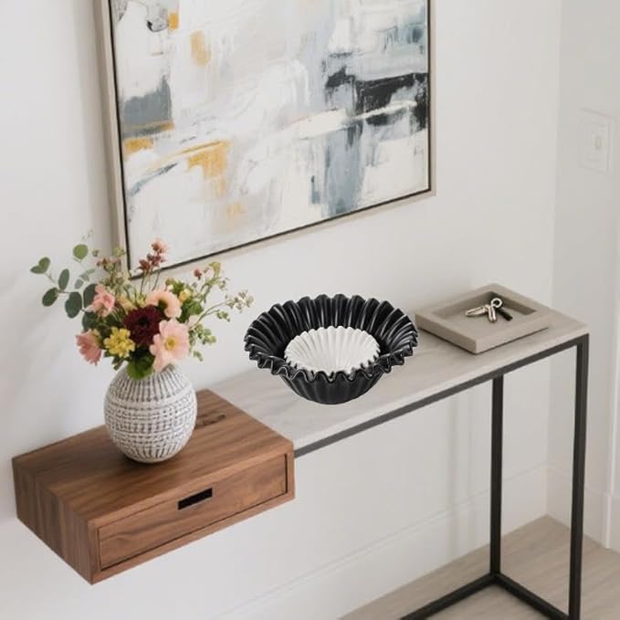 Large Decorative Bowl, Porcelain Fruit Bowl for Kitchen Counter HandCrafted Ruffle Flower Bowl for Home Decor Stylish Fluted Dish for Party, Black (10 inch) Halloween