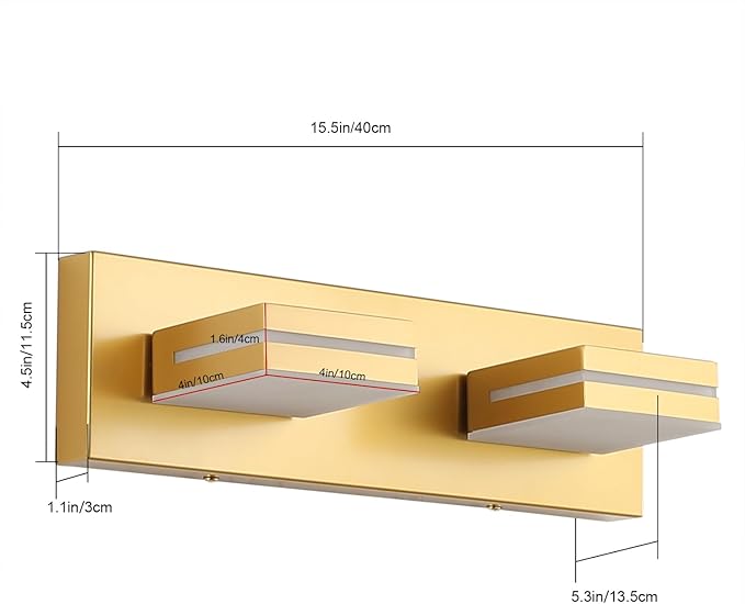 SineRise LED Modern Bathroom Vanity Light Fixtures (2-Light, 15.5-Inch), Matte Gold Modern Acrylic Bathroom Wall Lighting Fixtures Over Mirror (Cool White 6000K)