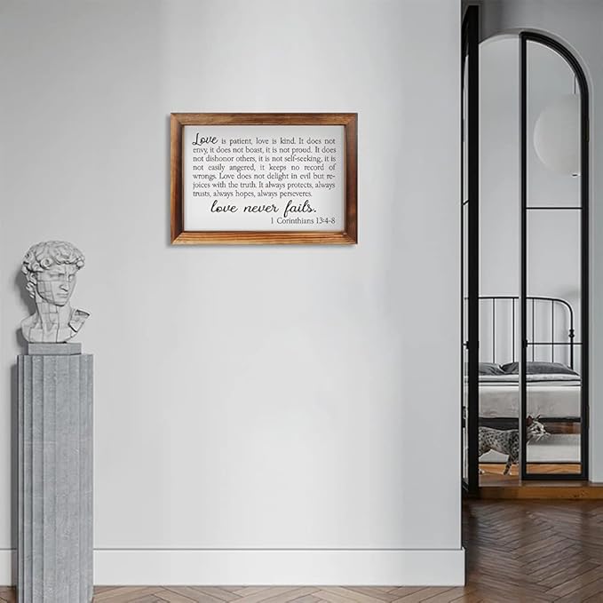 CHDITB Love Is Patient Framed Wood Sign Plaque(16×11), 1 Corinthians Wooden Wall Table Sign with Inspirational Quotes, Vintage Holy Bible Christianity Wall Art Sign for Living Room Farmhouse