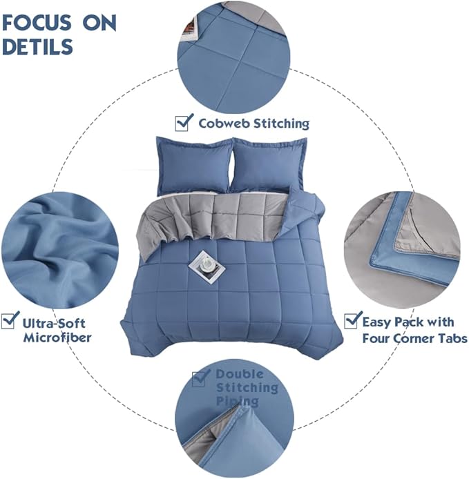 HIG 3pc Dusty Blue Full Size Comforter Set - All Season Reversible Down Alternative Comforter with Two Shams - Quilted Duvet Insert with Corner Tabs - Box Stitched Blanket - Breathable, Soft, Fluffy