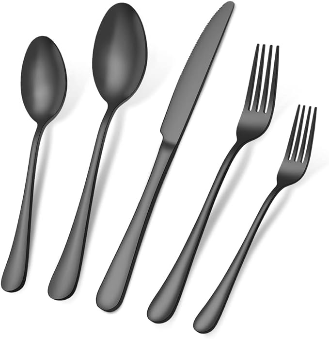 Aisoso Black Silverware Set, 20-Piece Stainless Steel Flatware Cutlery Set Service for 4, Include Knife Fork Spoon, Stylish Mirror Finish, Perfect for Home Kitchen Restaurant