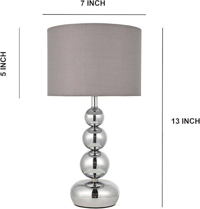 Small Modern Bedside Table Lamp, 7 x 7 x 13 Inch Farmhouse Table Lamps, Silver Metal Ball Table Lamp for Living Room Bedrooms and Office (Silver-Grey Fabric Lampshade)