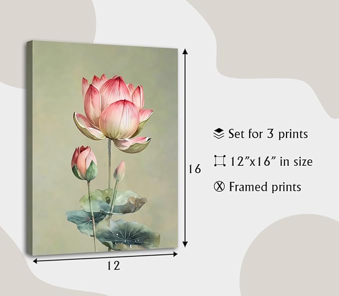 Framed Lotus Flower Canvas Wall Art Set Green Lotus Blossom Plant Floral Botanical Art Prints Minimalist Modern Wall Art Decor for Living Room Bathroom Kitchen Decor (12"x16"x3)