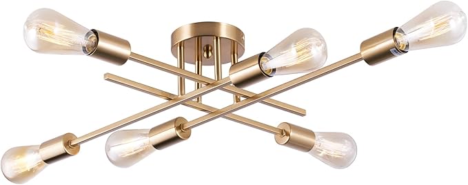 Sputnik Chandeliers, Modern Semi Flush Mount Ceiling Light with E26 Base, Mid Century Industrial Kitchen Farmhouse Light Fixtures for Bedroom Living Room (Brass, Ceiling 6 Lights (Lengthen))