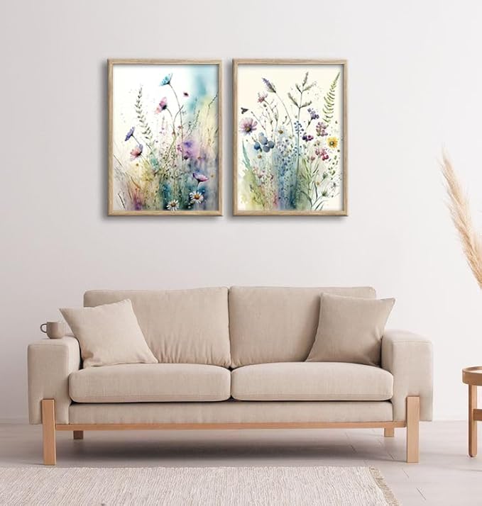 Framed Colorful Flowers Bathroom Wall Art Decor, Blue Floral Picture Canvas Print White Daisy Painting Artwork for Bedroom Office Decoration 12"x16"x2 Panels