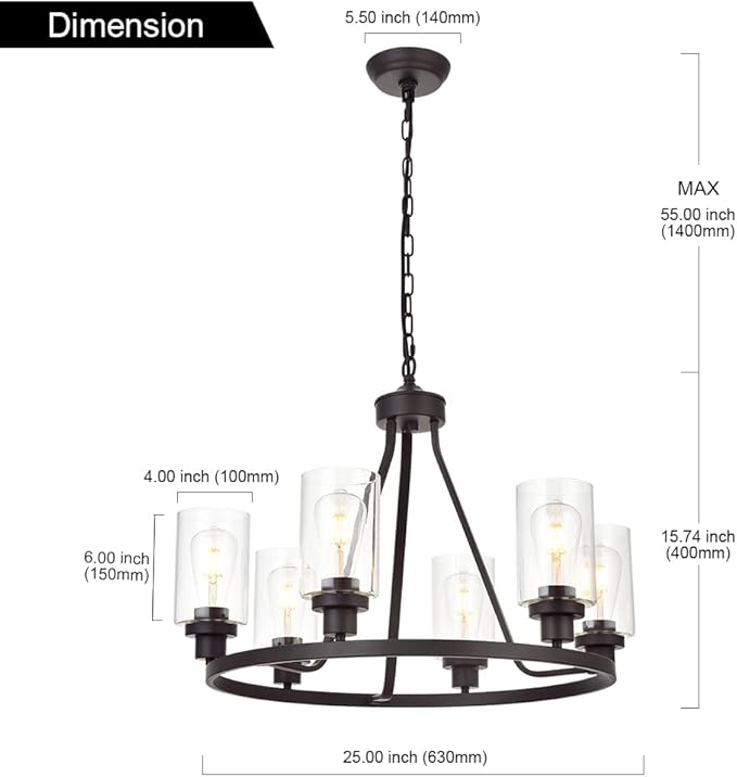 MELUCEE 6-Light Glass Chandelier Farmhouse Lighting, Kitchen Island Lighting Dining Room Light Fixtures Hanging Glass Pendant Light Oil Rubbed Bronze Finished