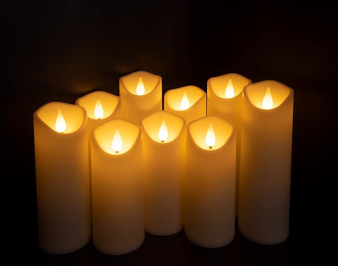 Enido 9 Pc Flickering Flameless LED Candles with Remote Timer for Romantic Ambiance and Home Decoration Battery Operated Pillar with 3D Flame (D: 2.2” x H: 5”, 6”, 7”)