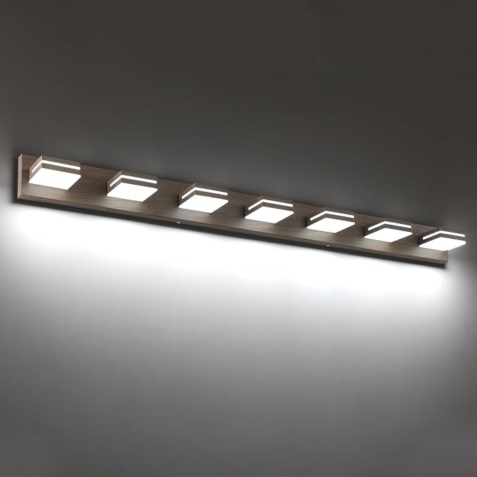 SineRise LED Modern Bathroom Vanity Light Fixtures (7-Light, 55-Inch, Dimmable), Brown Wood Painted Modern Acrylic Bathroom Wall Lighting Fixtures Over Mirror (Cool White 6000K)