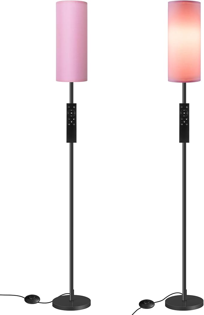 2 Pack Dimmable Pink Floor Lamps for Living Room with 2 Remotes and Foot Switch, Corner Floor Lamp, 64.4'' Standing Tall Lamp, 10W 900LM Bulb Included, 3000K-6500K, Linen Shade, FCC Listed P06LDP205W1