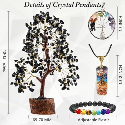 Crystal Tree of Life Black Tourmaline Healing Crystal Trees for Home & Office Decoration, Handmade Gem Money Bonsai Trees for Positive Energy, Christmas Decor, Birthday Gifts for Women, Mom