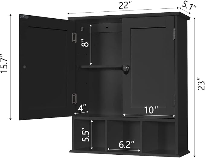 TaoHFE Black Bathroom Cabinet, Wall Mounted 2 Door Storage With Adjustable Shelves, Over The Toilet Medicine Cabinet for Laundry Room Kitchen