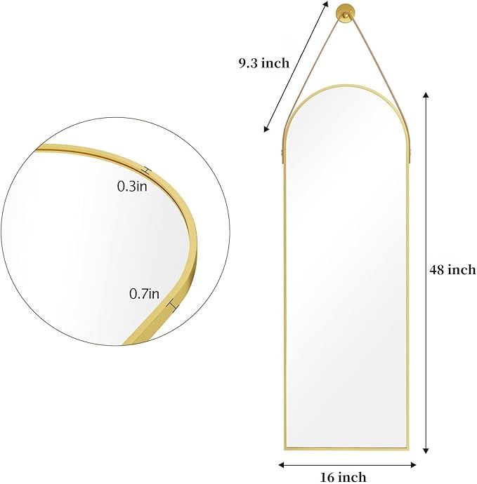 16"x48" Hanging Mirror with Leather Strap,Arched Full Length Mirror with Aluminum Frame Wall-Mounted Hanging Mirrors for Bathroom Vanity Living Room Bedroom Entryway Décor, Gold