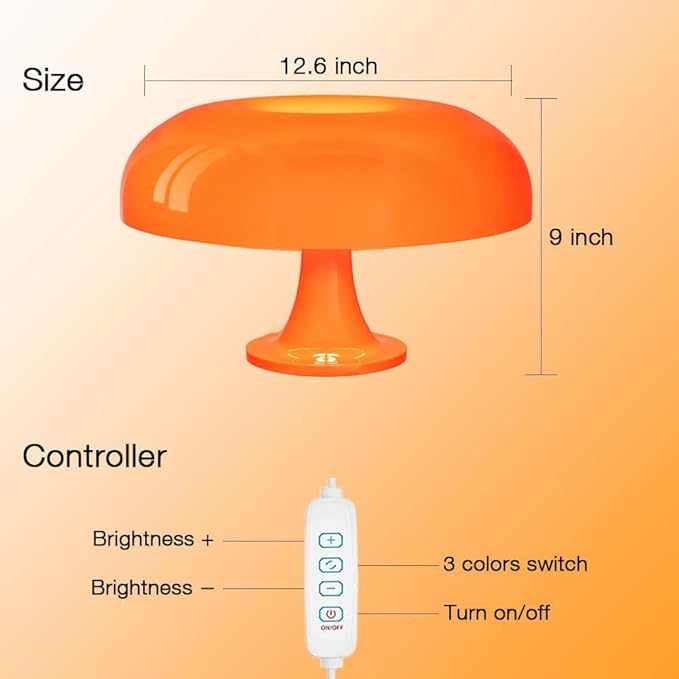 Retro Orange Mushroom Lamp for Bedroom Nightstand Mid Century Modern Table Lamp Decor Aesthetic Lighting Dimmable Mushroom Shaped Donut Bedside Lamp with 3 Lighting Modes, Minimalist Home Decor