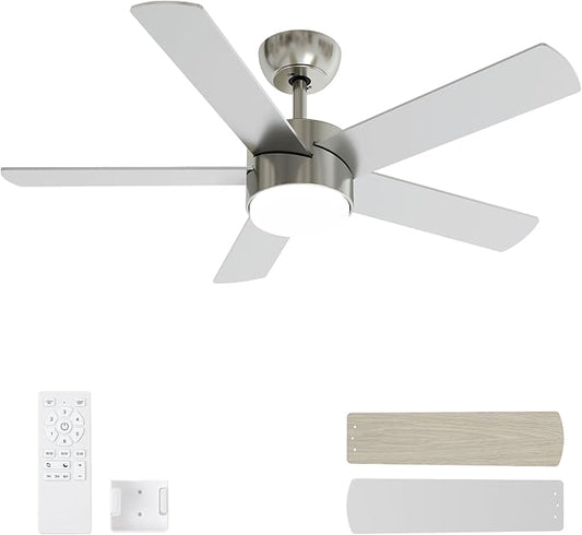 42 Inch Brushed Nickel Ceiling Fans with Lights,Ceiling Fan with Remote Control,Reversible DC Motor,3 CCT 6-Speed,Noiseless Ceiling Fan for Bedroom,Living Room,Dining Room,ETL Listed