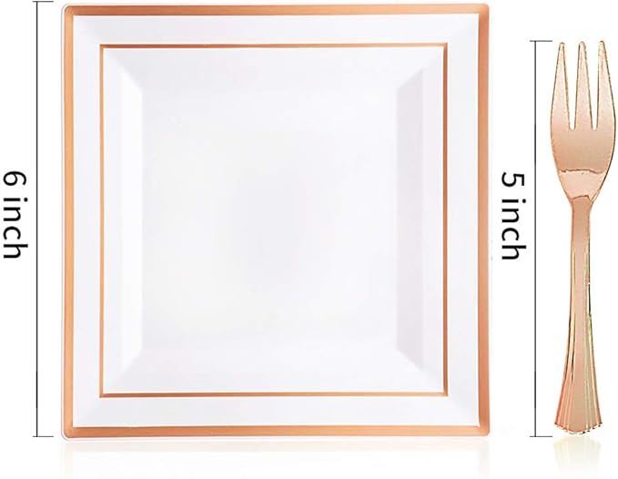 WDF 86pcs Rose Gold Dessert Plates 6" with 86 Pieces Disposable Forks 5", Elegant Square Appetizer Small Plastic Plates for Mother's Day, Wedding