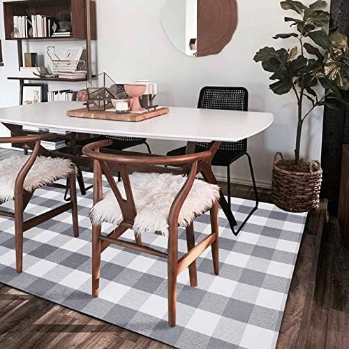 KOZYFLY Buffalo Plaid Area Rug 4 x 6 Ft Gray and White Checkered Rug Washable Outdoor Rugs Cotton Rugs for Bedroom Front Door Mat Carpet for Front Porch Living Room Dining Room Kitchen