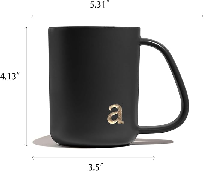 COLLECTIVE HOME - Ergonomic Handle Ceramic Mug, 15 oz Personalized Coffee Cup with Golden Initial, Microwave & Dishwasher Safe, Elegant Monogram Tea Mug in Gift Box for Home & Office (Black-a)